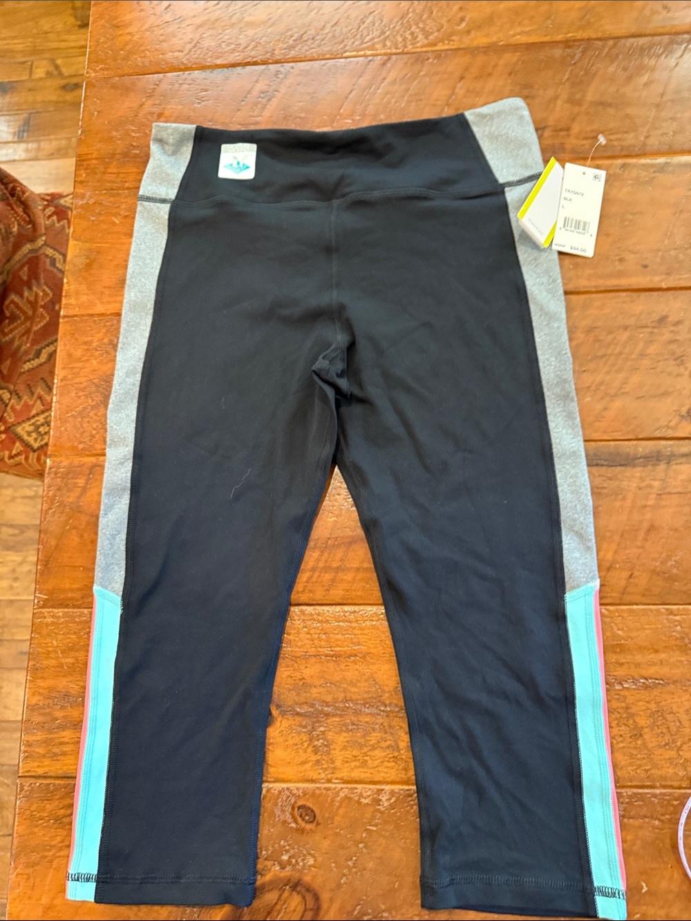 Wonen’s Trina Turk Colorblock Active Crop Leggings - Black & Gray with Aqua Trim